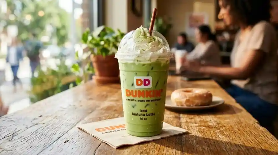 Dunkin Donuts Matcha Latte served over ice with creamy milk and sweetened matcha green tea blend