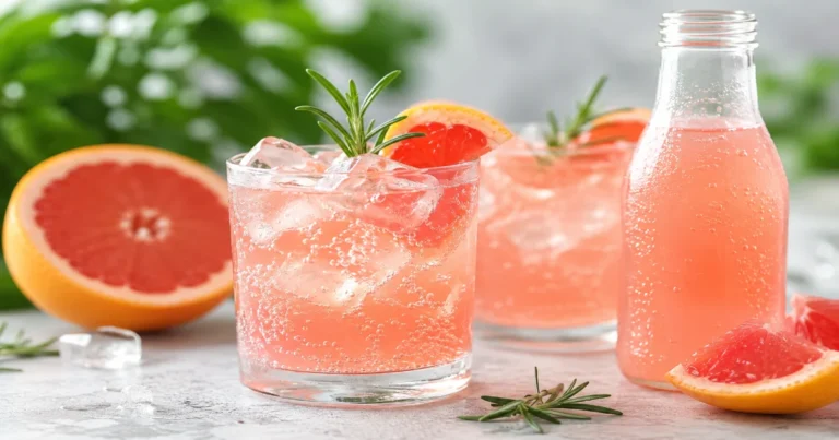 Refreshing grapefruit soda served with fresh grapefruit slices, ice cubes, and sparkling citrus bubbles in a glass