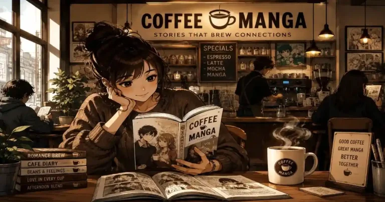 Coffee Manga comic-style illustration featuring a reader enjoying manga and coffee in a cozy café surrounded by manga books