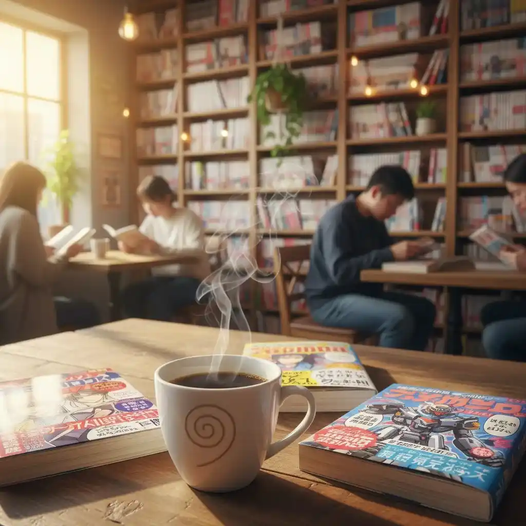 Comic-style Coffee Manga artwork featuring manga reading, coffee culture, cozy café vibes, and popular manga storytelling.