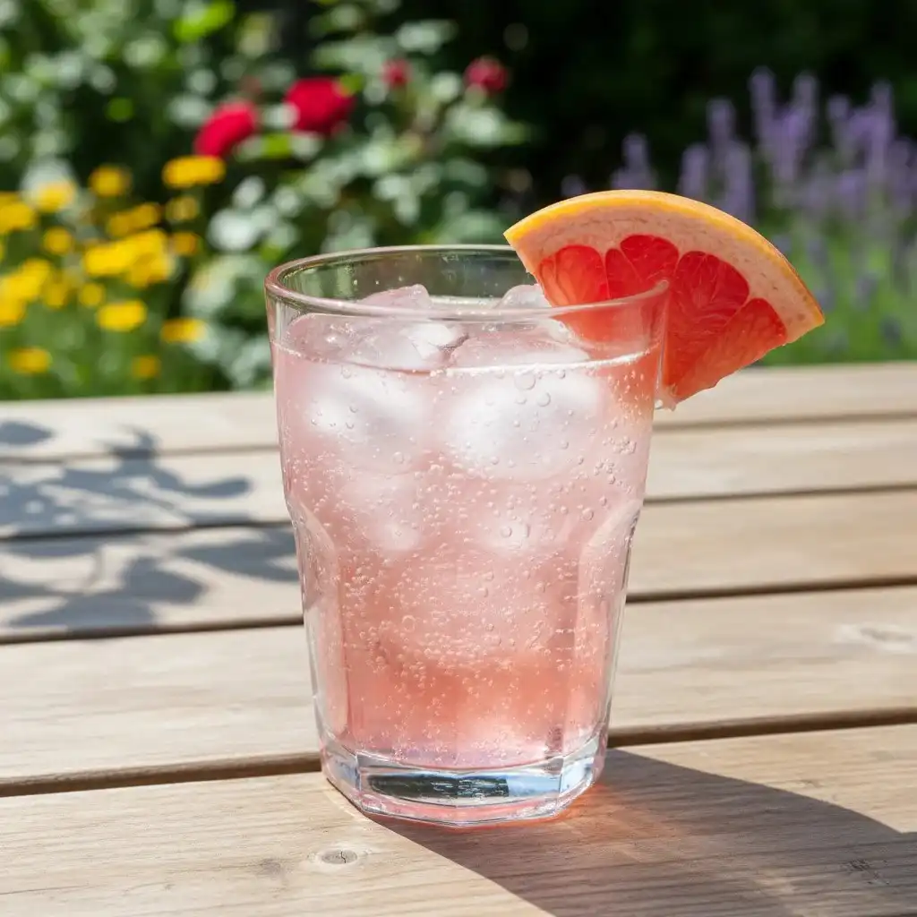 Grapefruit soda with ice cubes and fresh grapefruit slices in a sparkling glass drink