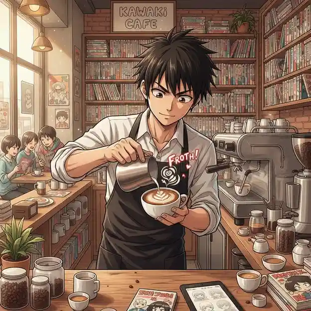 Explore the world of Coffee Manga through a premium comic-style illustration that combines manga, coffee culture, romance stories, and a relaxing cafe atmosphere