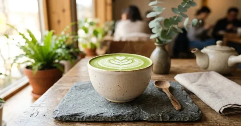 How to make matcha latte at home with matcha powder, hot water, milk, and bamboo whisk
