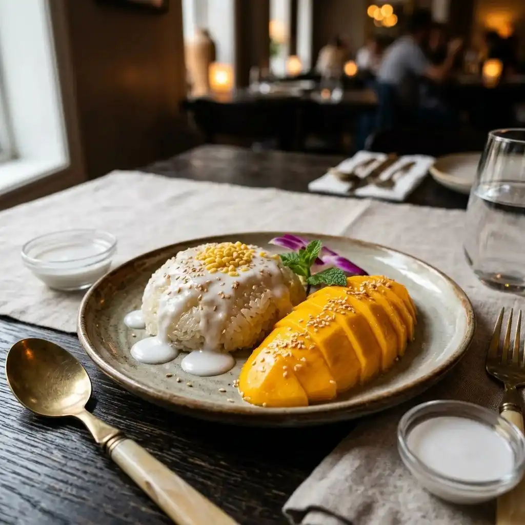Step-by-step homemade mango sticky rice recipe finished with coconut drizzle.