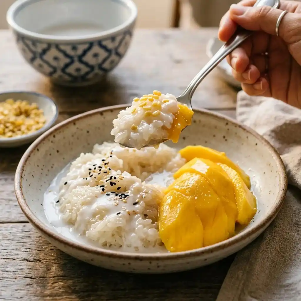 Thai mango sticky rice topped with coconut cream and toasted sesame seeds.