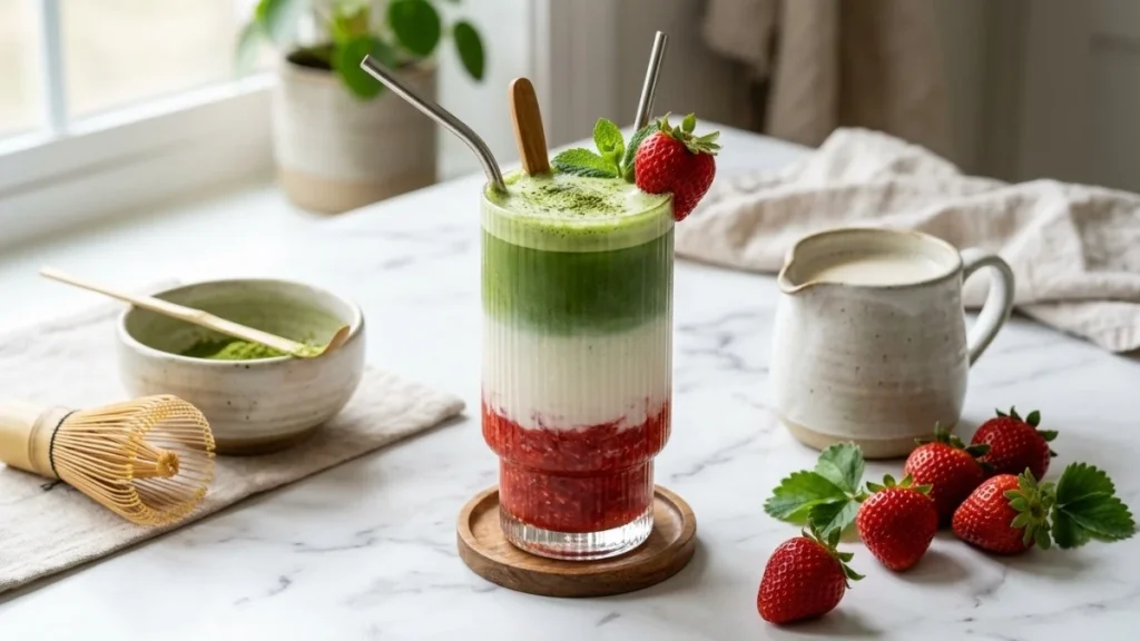 Homemade strawberry matcha latte with fresh strawberry puree, creamy milk, and vibrant green matcha layered over ice