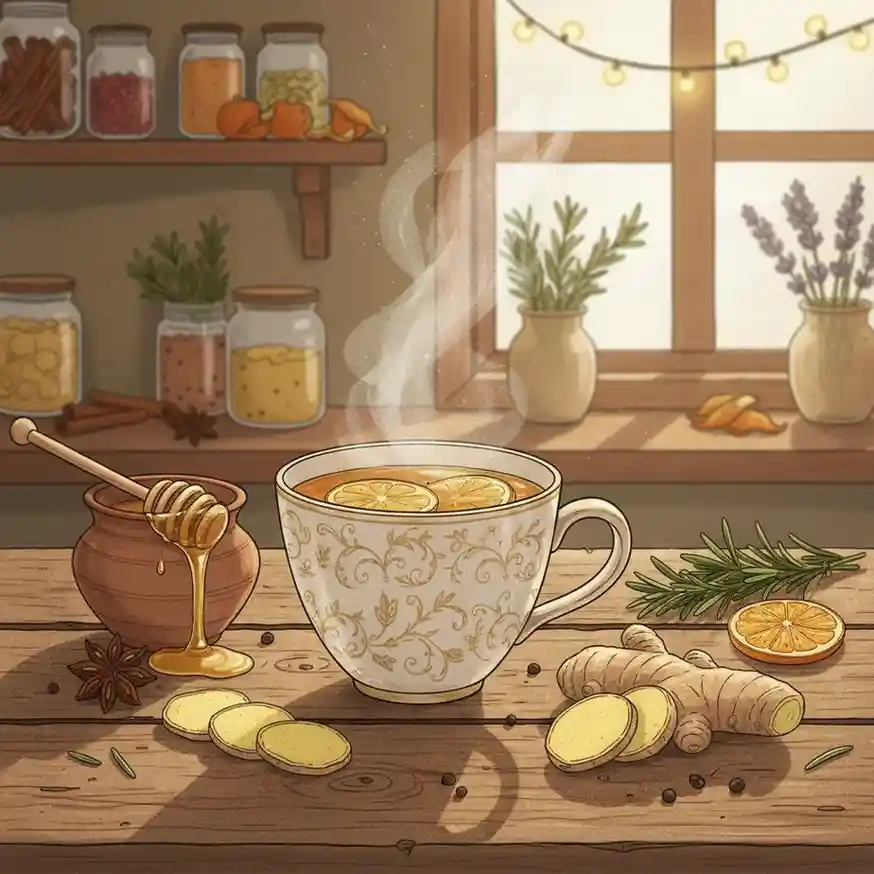 Steaming cup of herbal tea soothing irritated throat and reducing inflammation