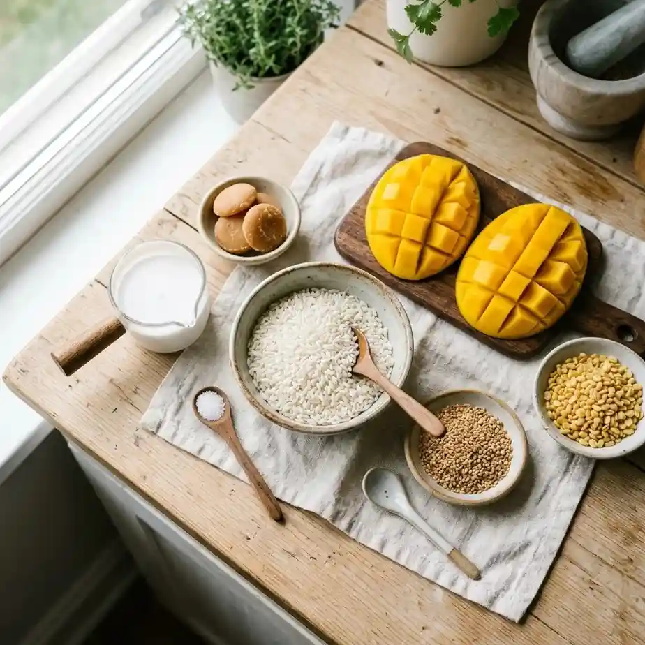Homemade Thai mango sticky rice recipe ready to serve with fresh tropical fruit.