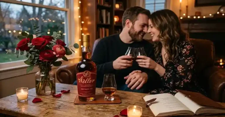Weller Antique 107 bourbon bottle with whiskey glass, red roses, candlelight, and romantic luxury setting showcasing a 107 proof wheated bourbon whiskey.